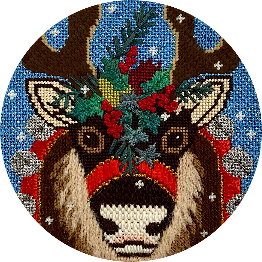 Home Creations Holiday Edition Needlepoint Stocking Kit- Gift Wrapped  Reindeer - Large, Deluxe Size 